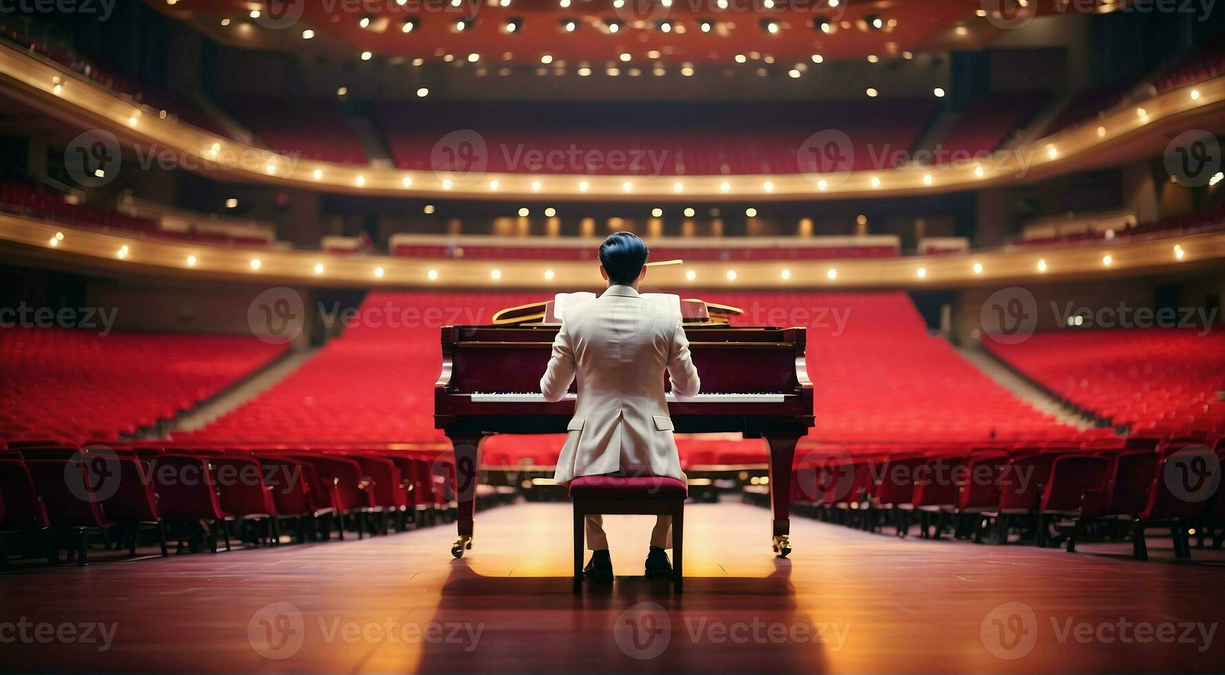ai generative man in white suit playing red piano in concert hall, musical bokeh background photo