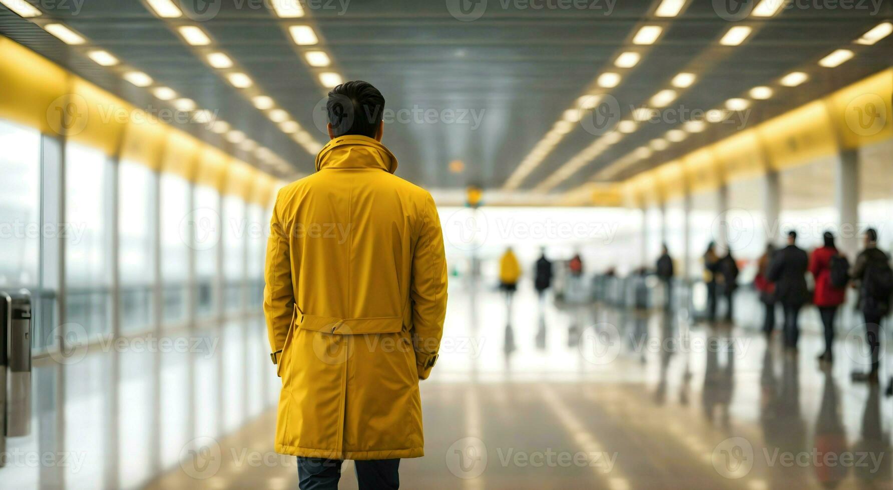 Ai generative travel and lifestyle concept, man in yellow coat waiting at airport hallway, background, banner with copy space text photo