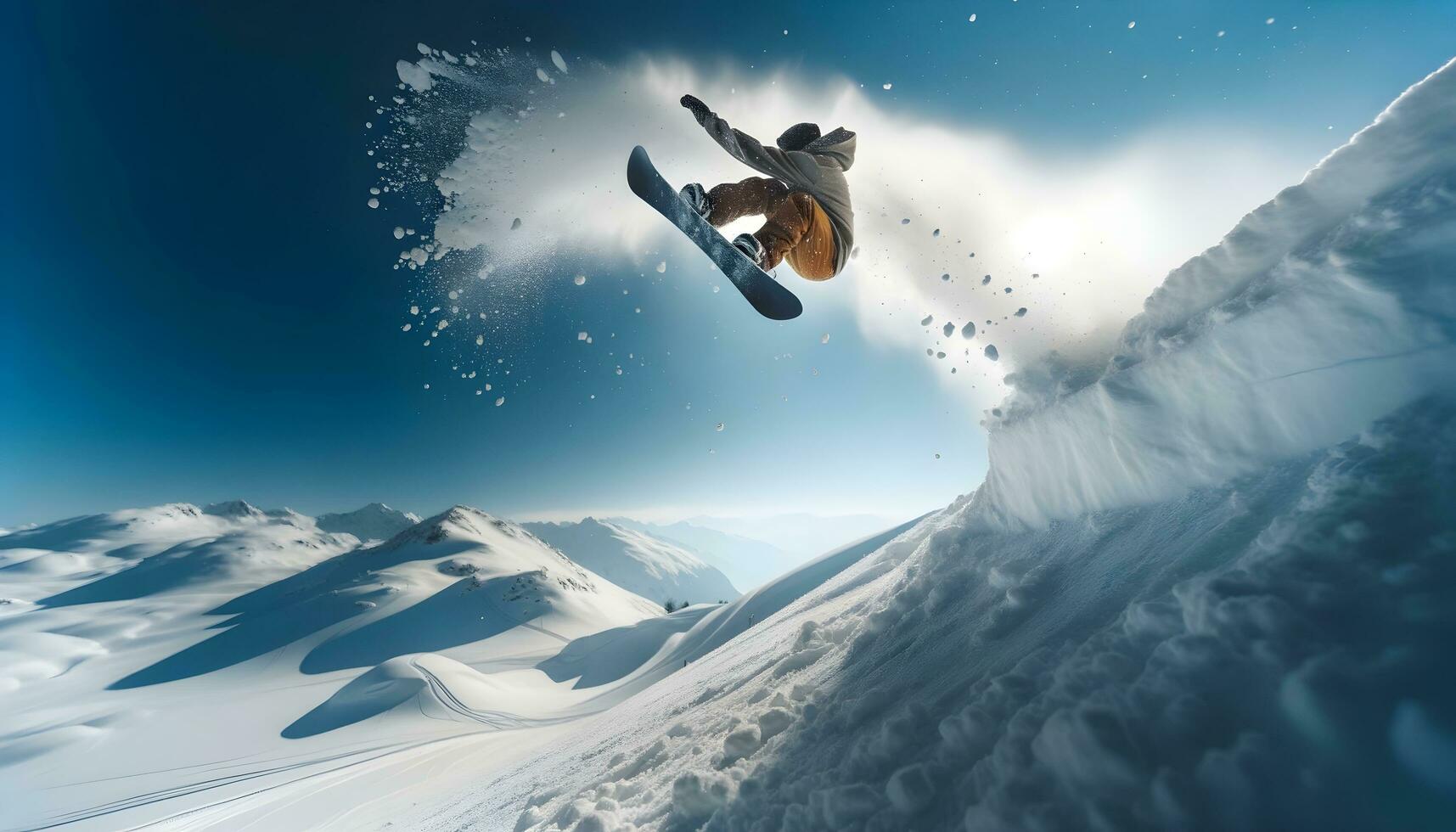 Ai generative man on a snowboard riding down the mountain, extreme sport background, banner photo
