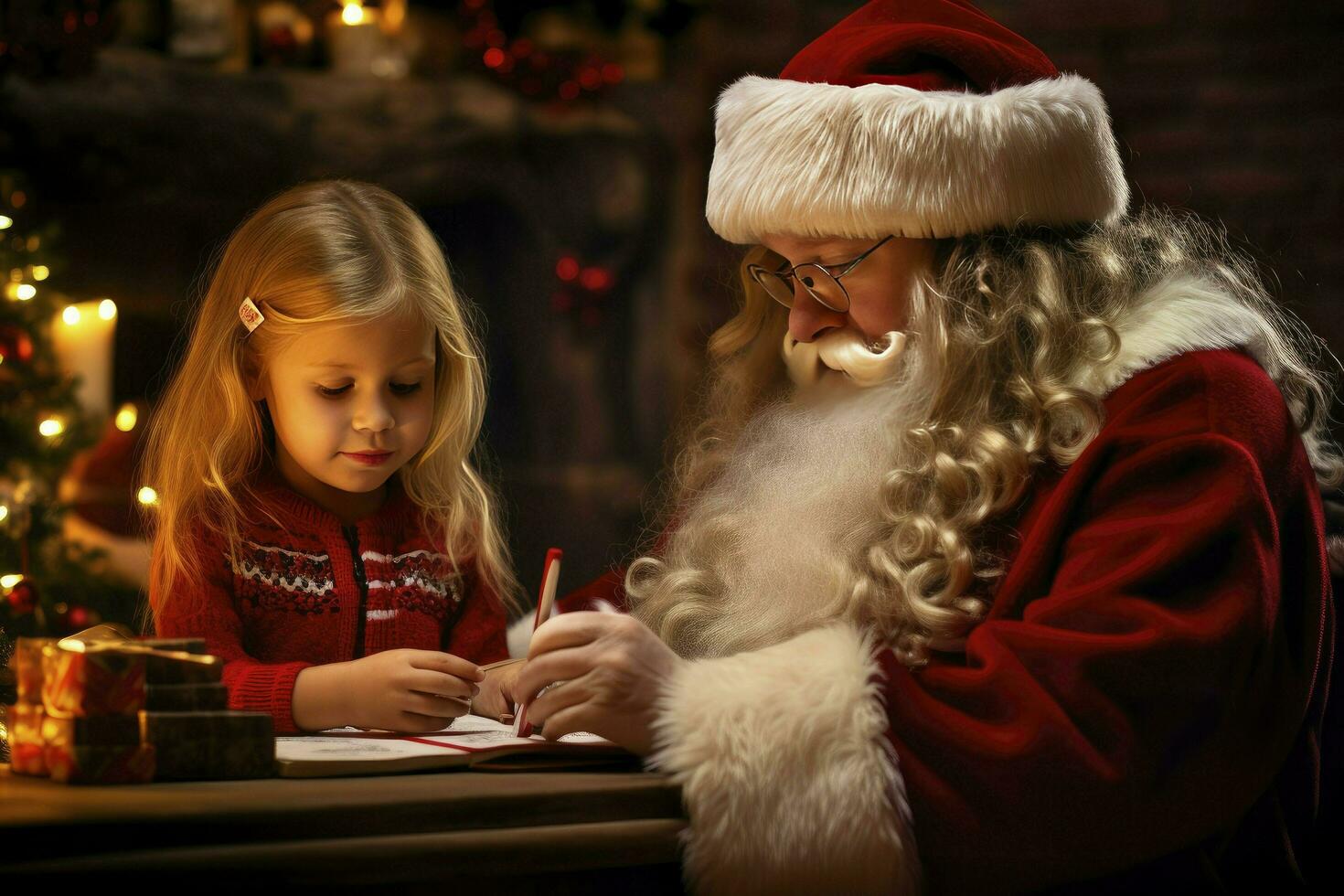 european Santa Clause read letter from child, wish list of presents for Christmas in decorated room, AI Generated photo