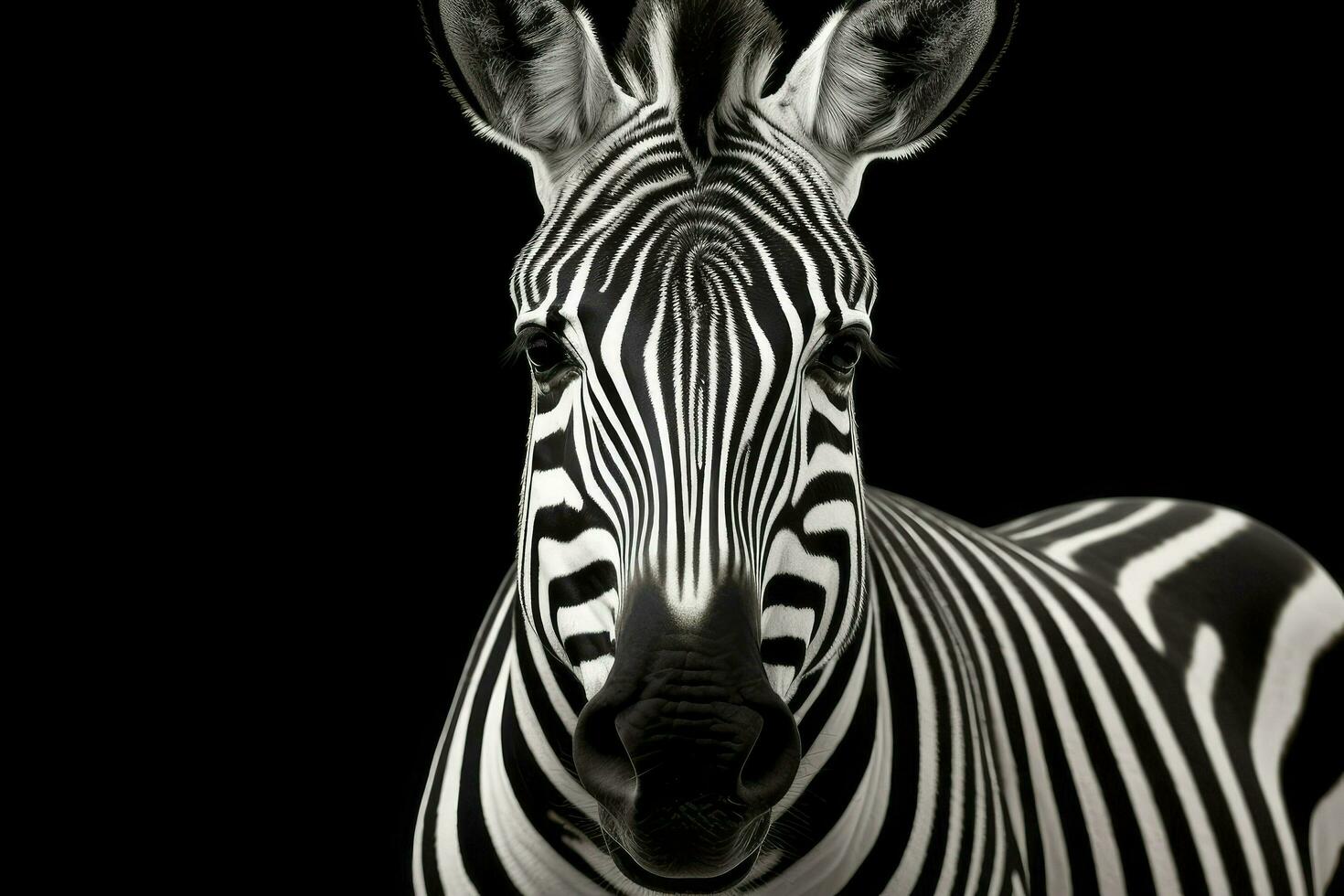 Portrait of a young zebra standing isolated on black background, ai generated photo