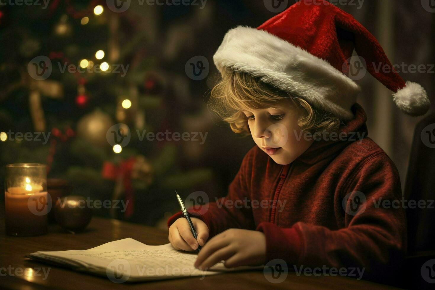 Little european boy writing letter to Santa, wish list of presents for Christmas in decorated , AI generated room photo