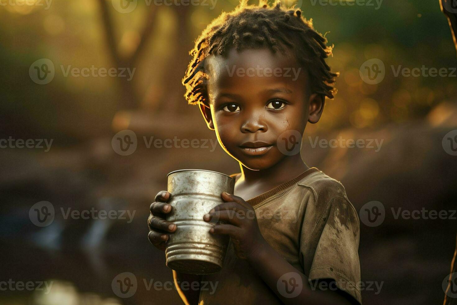 Portrait child of Africa drink water from mug , close-up. Drought, lack of water problem. AI generated photo