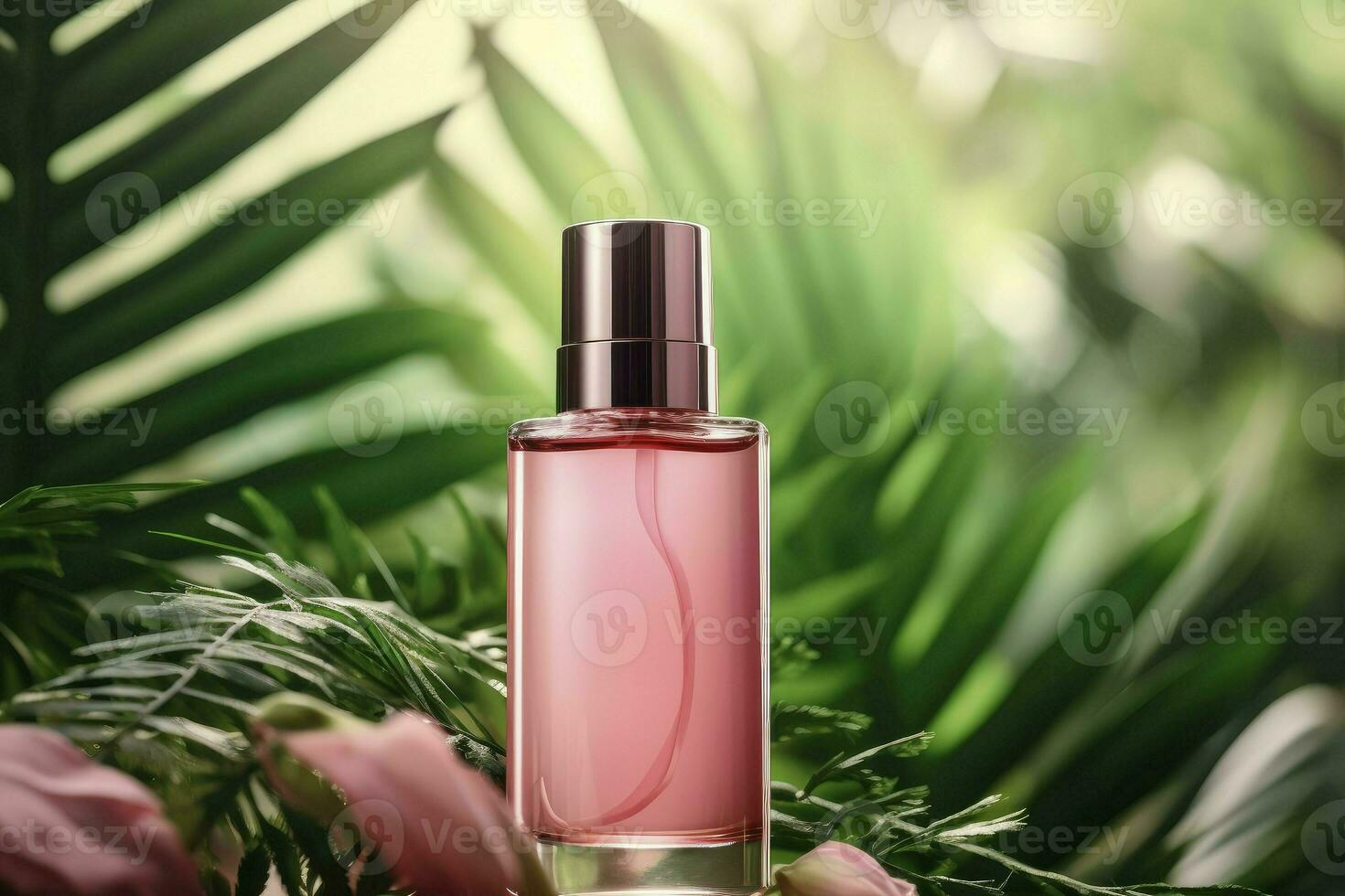 rosado botella con belleza productos entre verde hojas. natural orgánico piel cuidado. ai generado foto