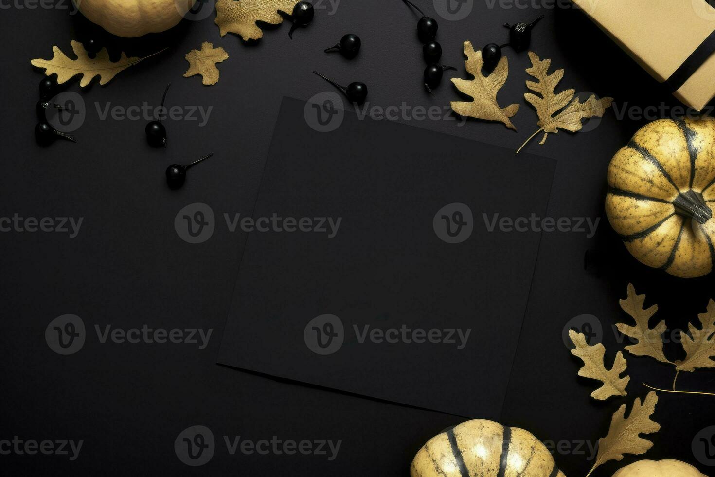 Black Friday sale flat lay background. black and gold gift box present with ribbon with mock up on black background,  AI generated photo