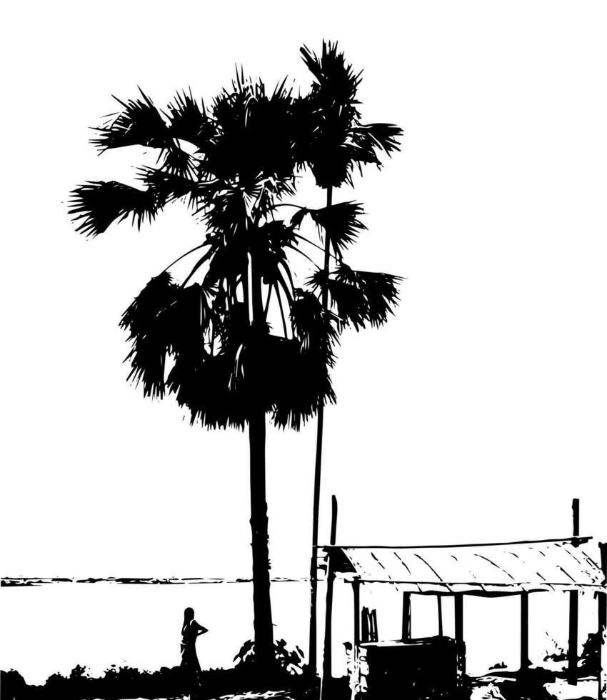 a black and white illustration of a palm tree, silhouette of  palm tree on white background vector art,  black color