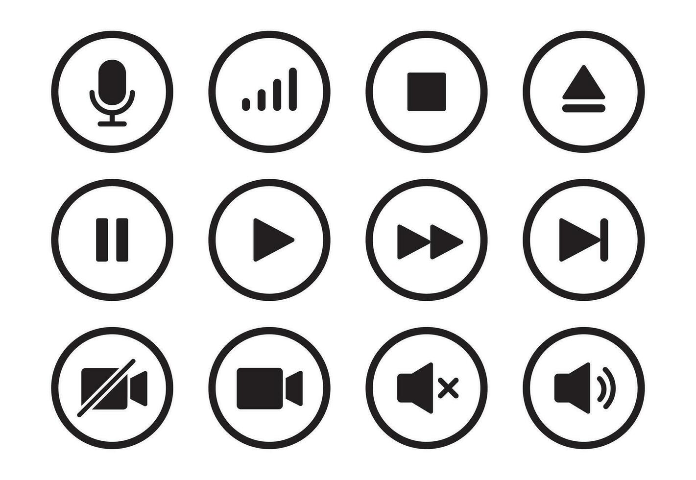 Audio, video, music player button icon. Sound control, play, pause button solid icon set. Camera, media control, microphone interface pictogram.  Vector