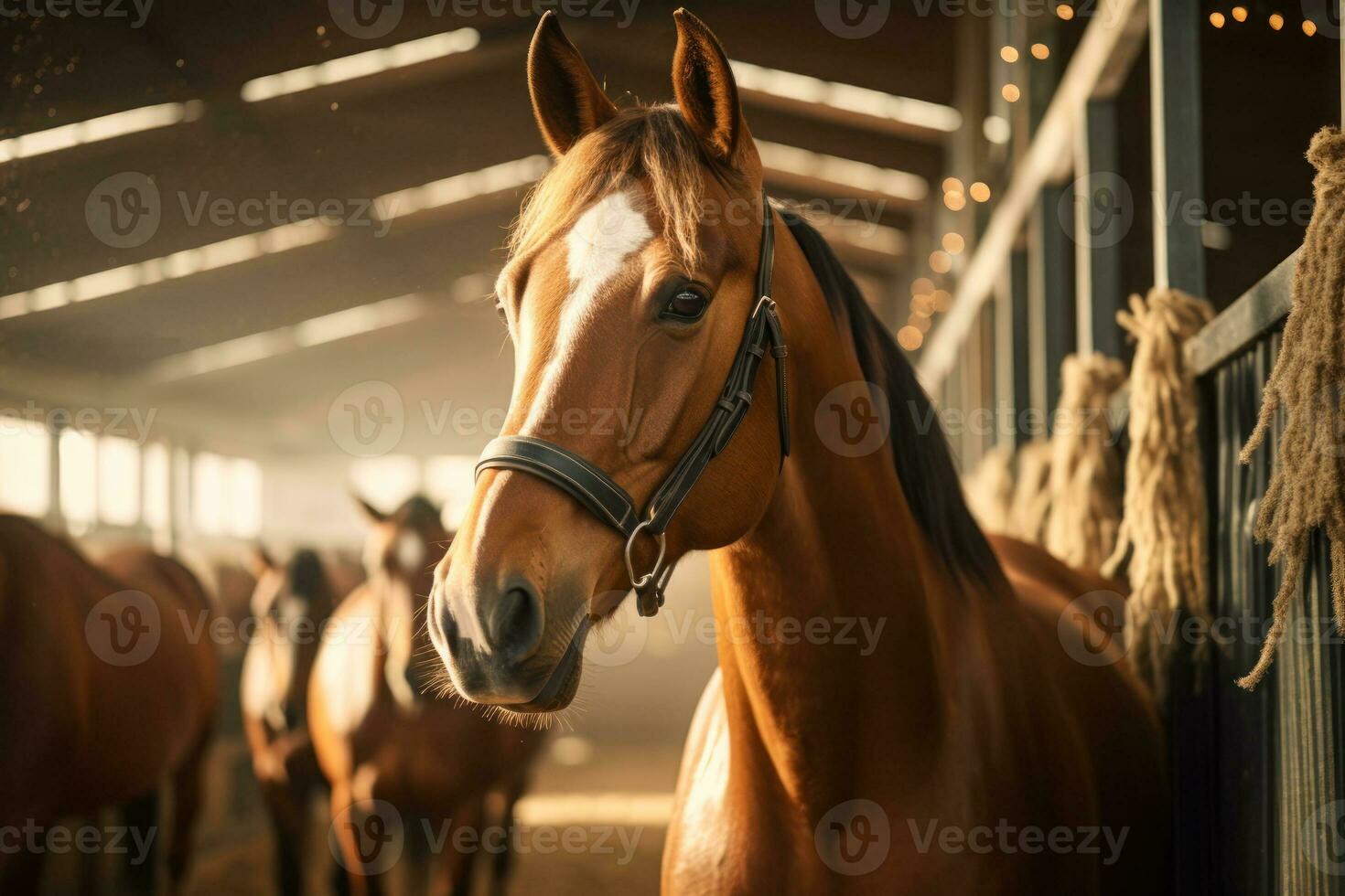 hermosa marrón caballo en el estable generativo ai foto