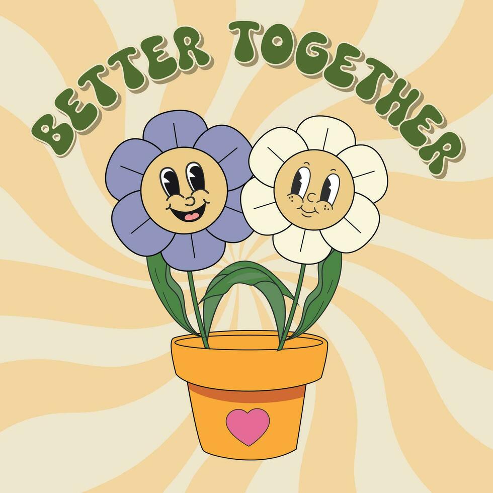 Groovy hippie 70s stickers. Funny cartoon flower. Sticker pack in trendy retro psychedelic cartoon style. Better together. Flower power. Good vibes. vector