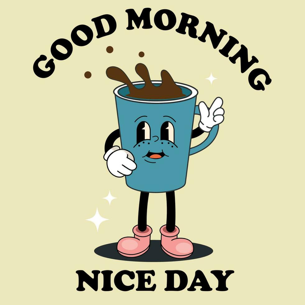 Retro poster with mascot cups of coffee in trendy vintage cartoon style. Coffee characters in 60s, 70s old animation style. Vintage comic cafe mascots. vector