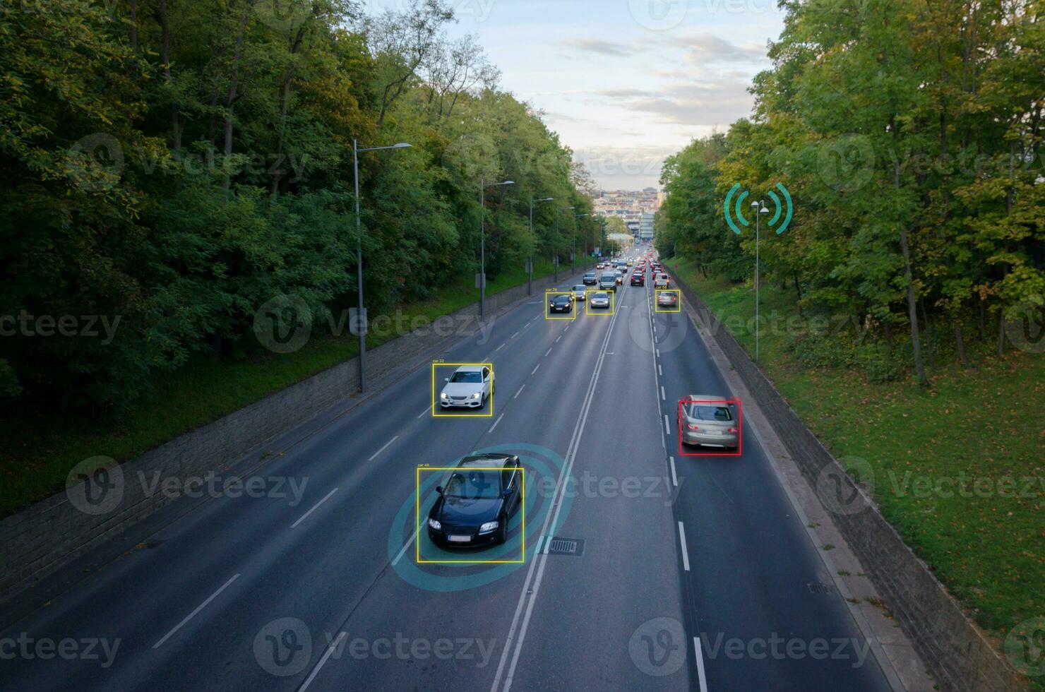 AI smart city traffic cameras monitoring concept. Street with cars. Counting cars, recording license plates, measuring speed, Wi-Fi photo