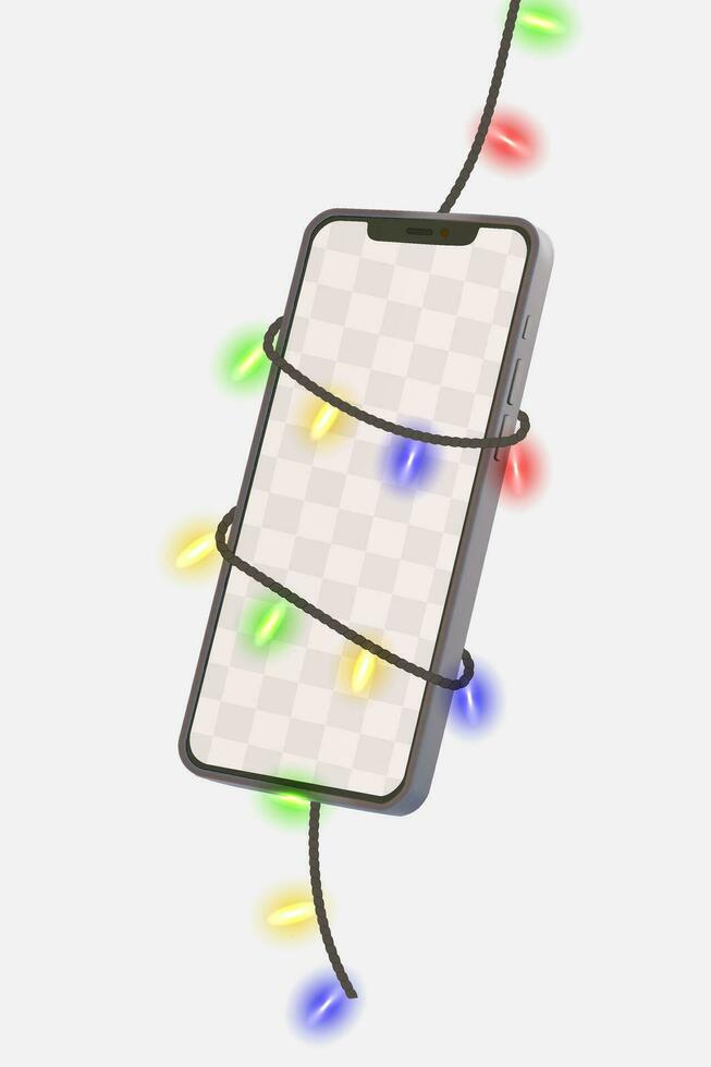 Realistic smartphone mockup with christmas colorful string lights wrapped around vector