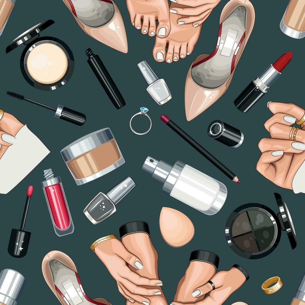 Fashion Seamless pattern with shoes, nails, manicure, makeup. Beauty Seamless Background. Seamless Pattern with Fashion Accessories. Perfect for Beauty Salon decoration, Beauty Blog, Fashion Blog vector