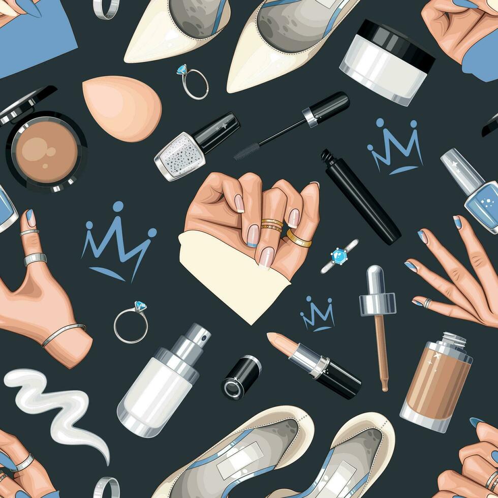 Fashion Seamless pattern with shoes, nails, manicure, makeup. Beauty  Seamless Background. Seamless Pattern with Fashion Accessories. Perfect for  Beauty Salon decoration, Beauty Blog, Fashion Blog 33196021 Vector Art at  Vecteezy