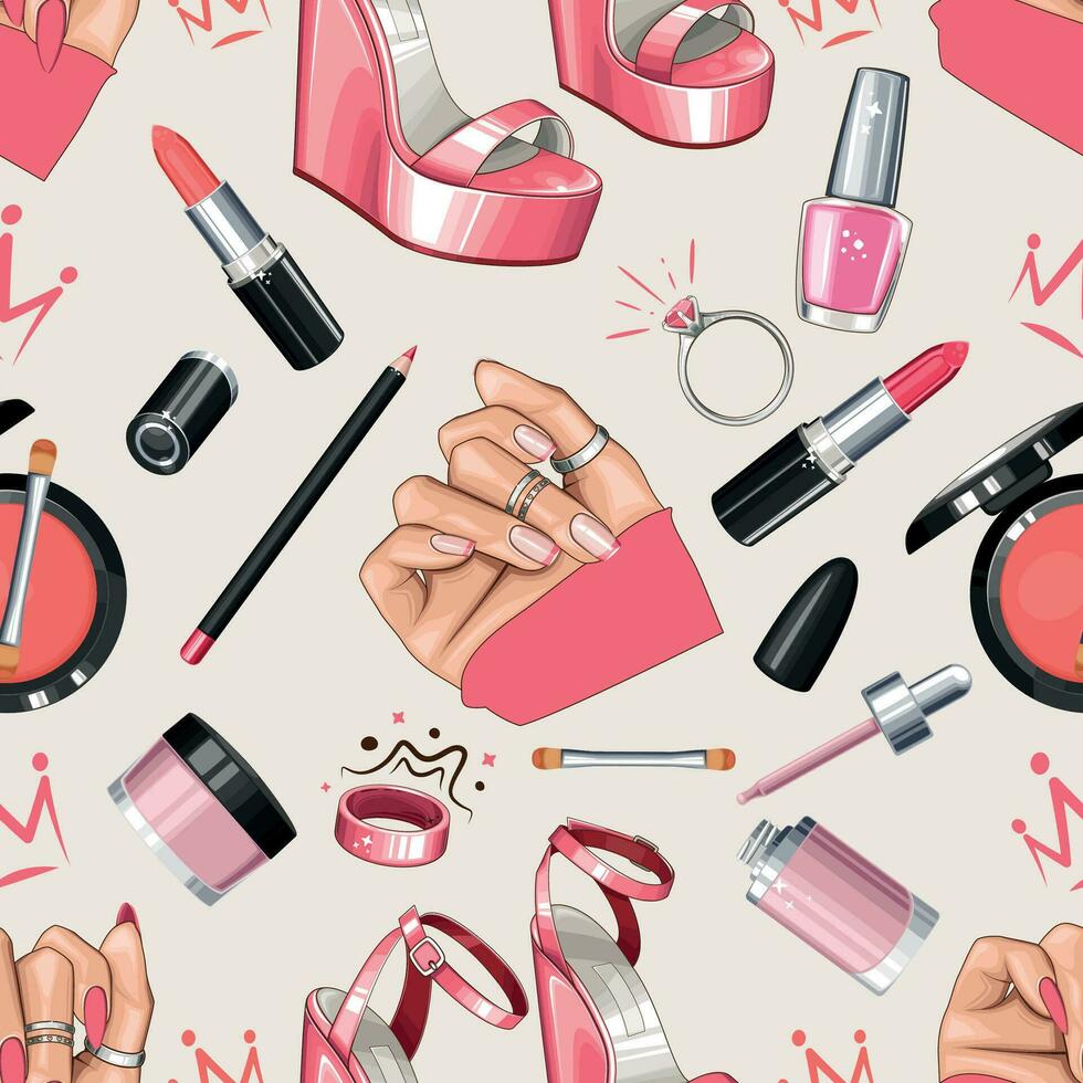 Fashion Seamless pattern with shoes, nails, manicure, makeup. Beauty Seamless Background. Seamless Pattern with Fashion Accessories. Perfect for Beauty Salon decoration, Beauty Blog, Fashion Blog vector