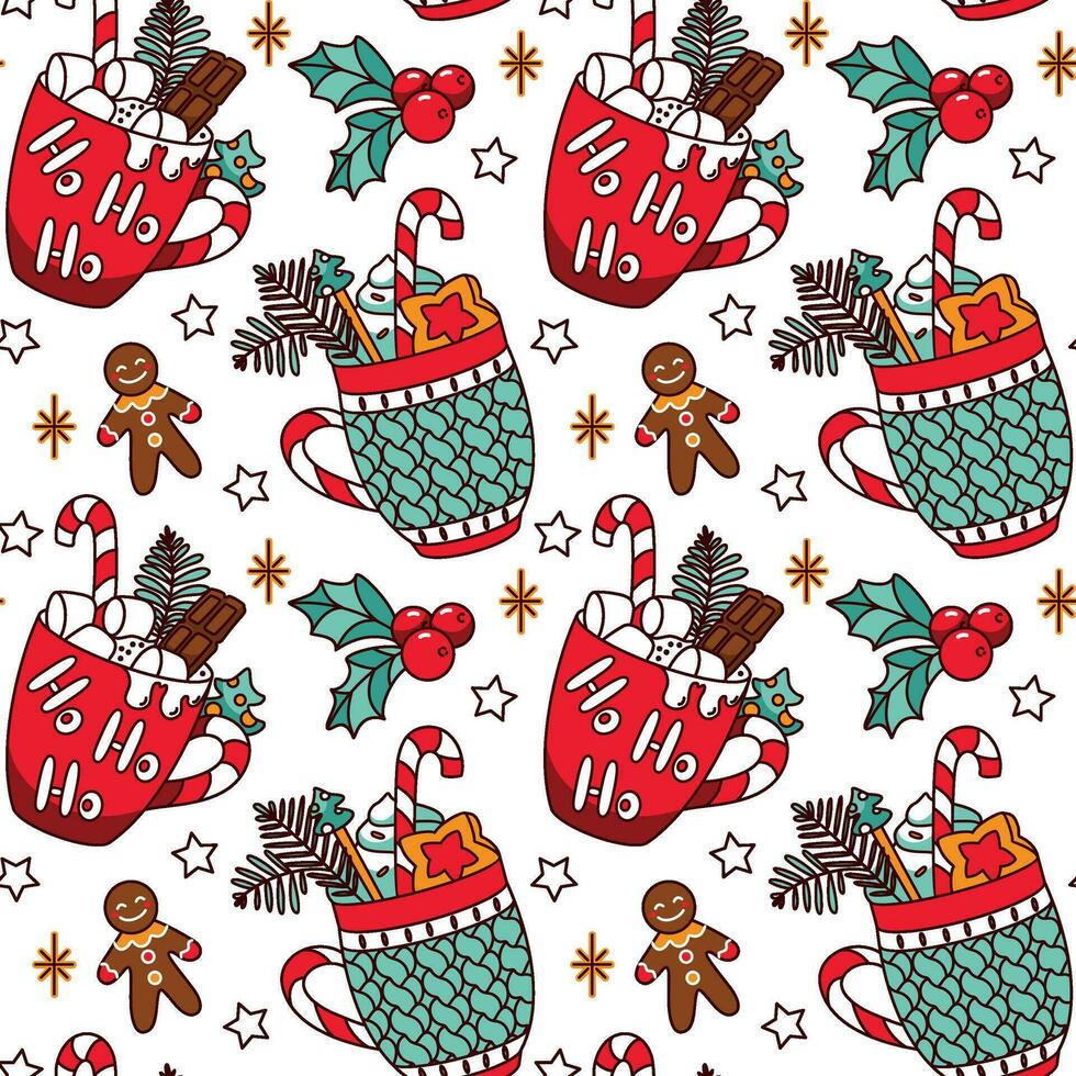 Christmas coffee with marshmallow and candy cane. Seamless pattern. Vector. vector