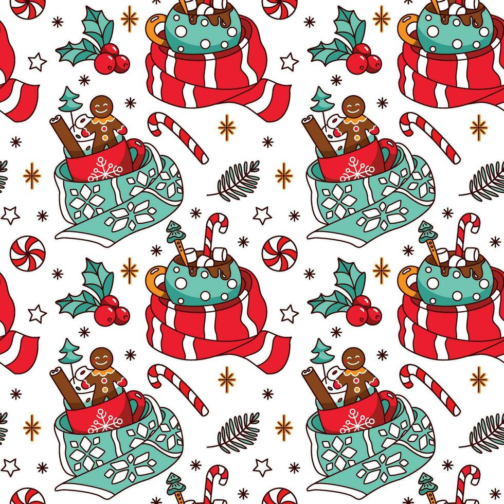 Christmas cocoa with marshmallow and gingerbread man. Seamless pattern. Vector. vector