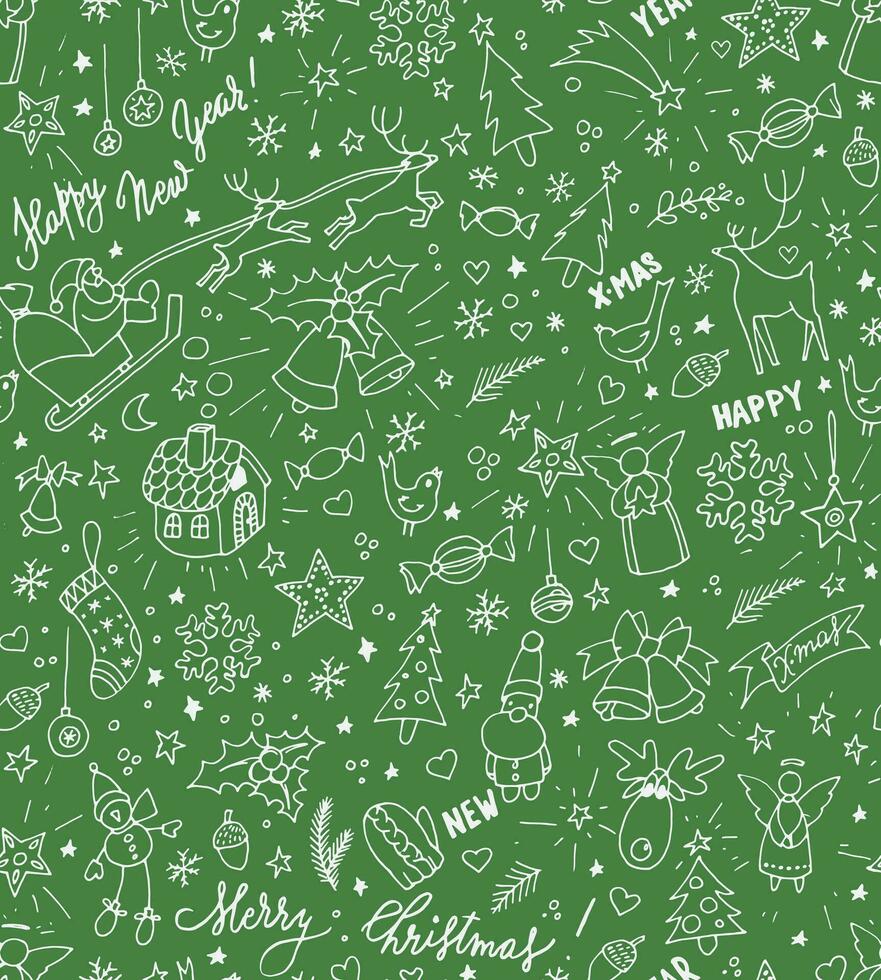 a green christmas seamless pattern with doodles vector