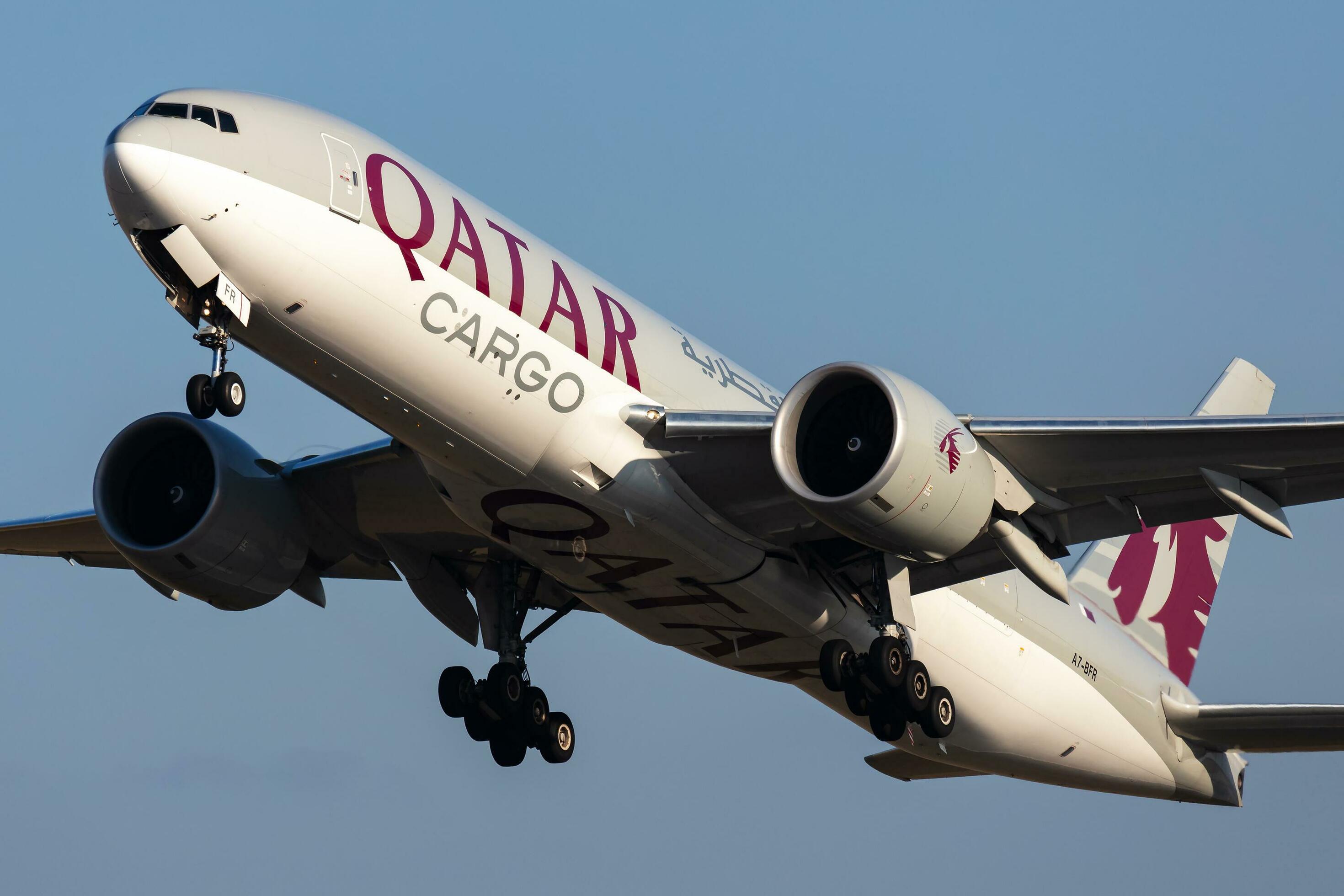 Qatar Airways Cargo Boeing 777-200 cargo plane at airport Qatar Airways Cargo Boeing 777-200 cargo plane at airport