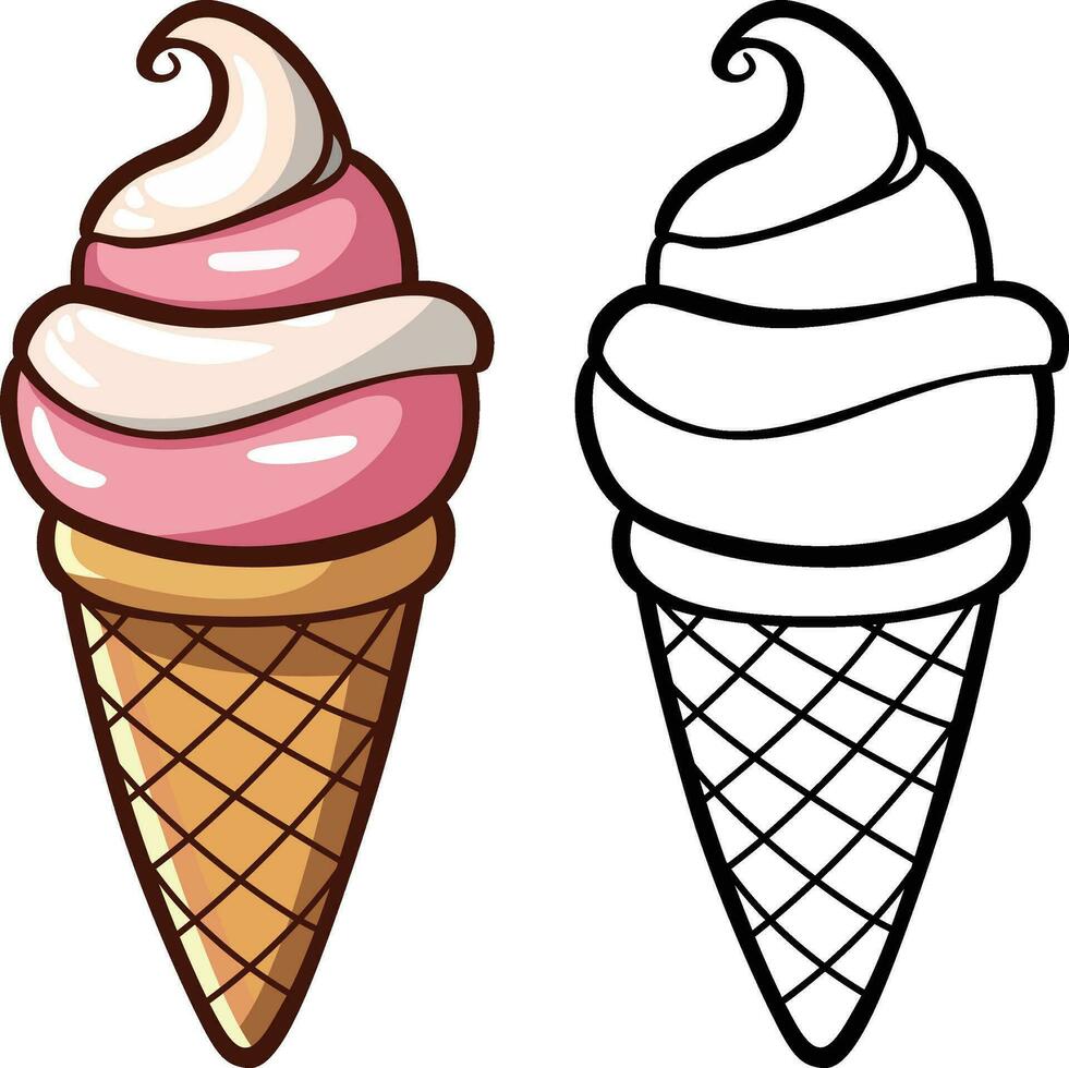 Cartoon style ice cream cone vector illustration, Cartoon ice cream , strawberry ice cream colored and black and white line art stock vector image