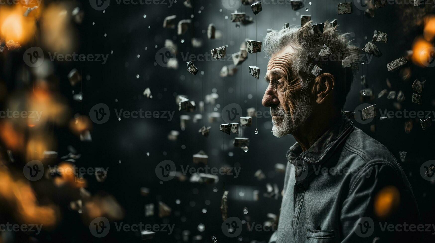 retrato de un antiguo hombre en pie en el lluvia desde que cae piedras rocas que cae a el suelo, pensamientos acerca de perdido vida. foto