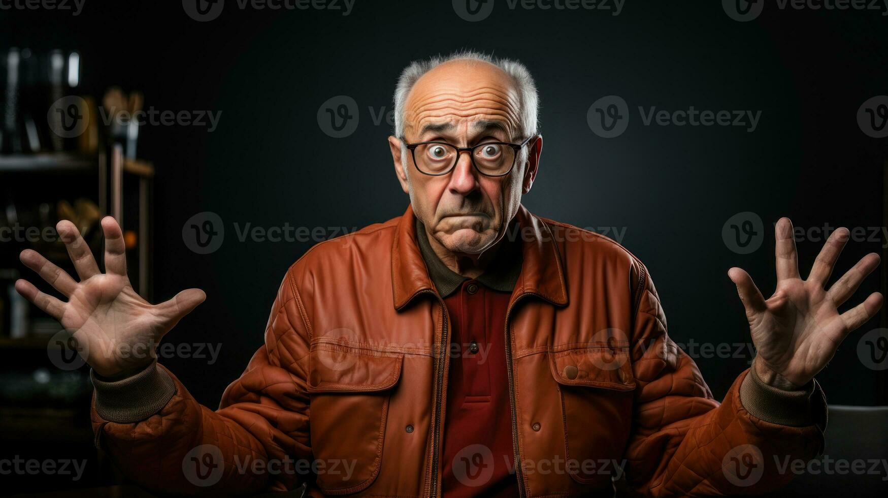 Senior man with jacket and glasses doing surprise gesture on black background. Thinking worried about a question, concerned and nervous with hands. photo