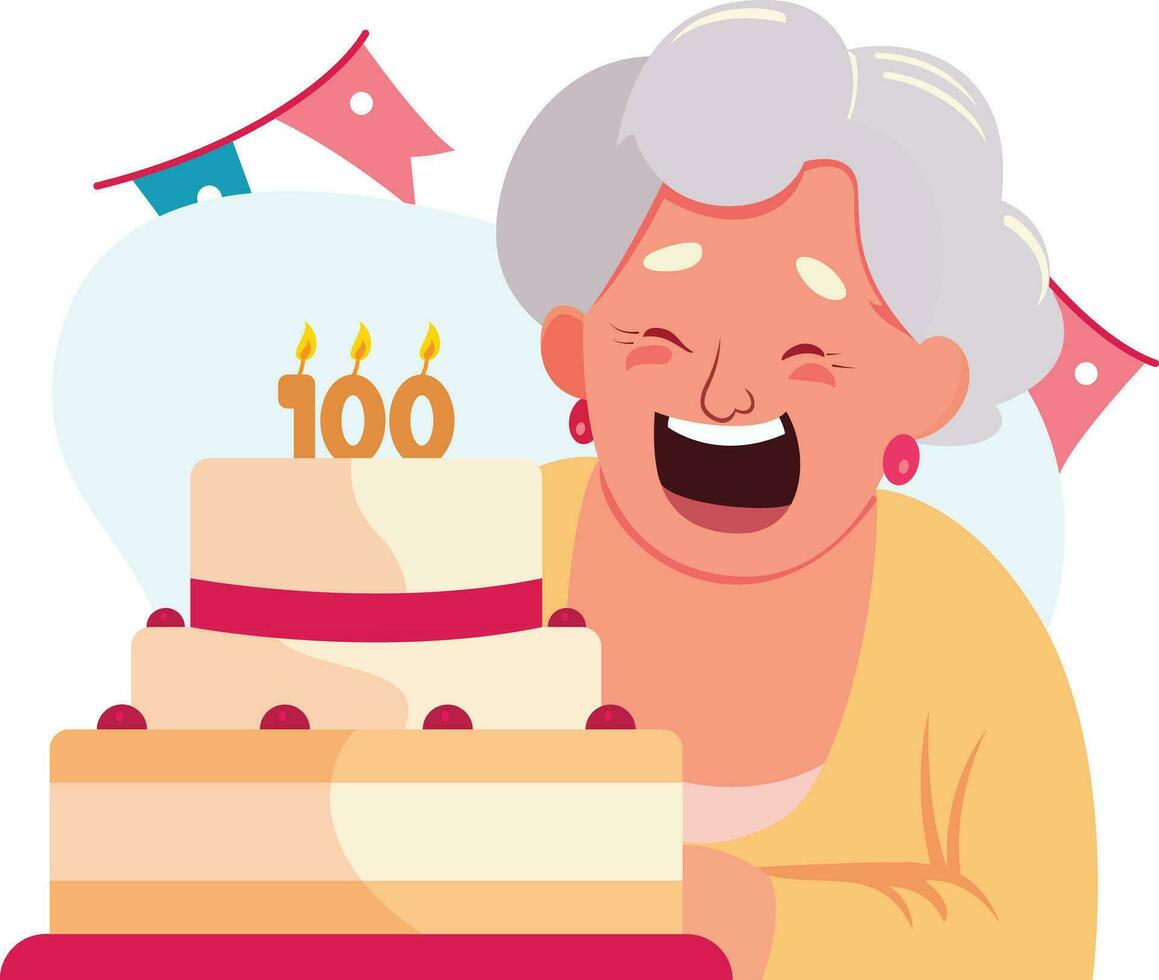 antiguo mujer celebrando Centésimo cumpleaños plano estilo vector ilustración, contento antiguo dama con un Centésimo cumpleaños pastel plano estilo valores vector