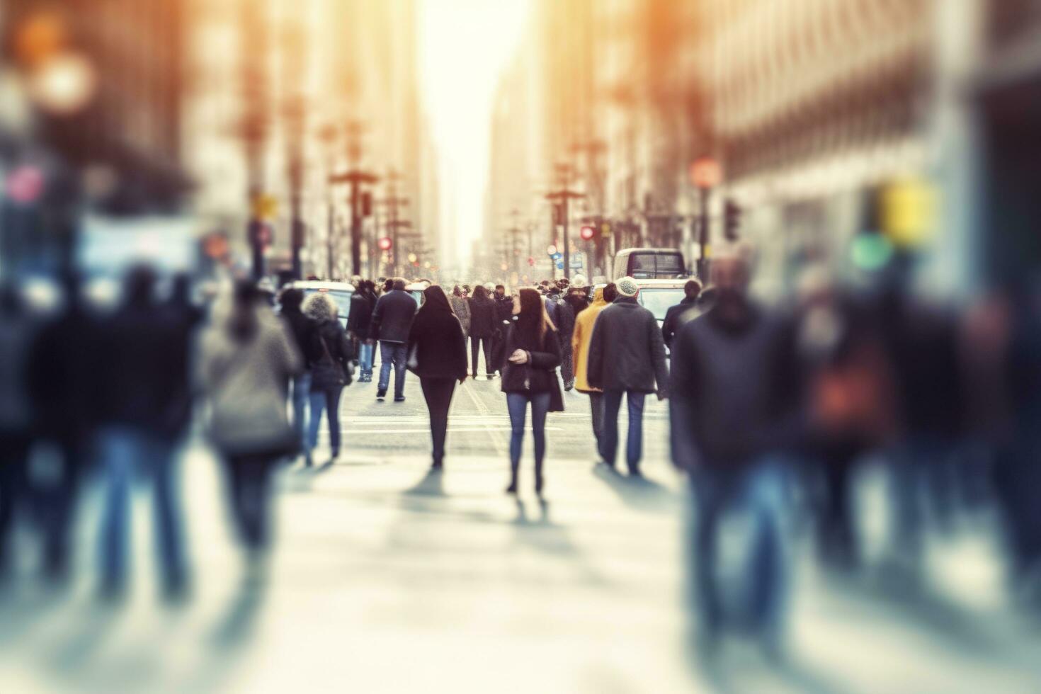 Blurred business people walking in the city scape. AI Generated photo