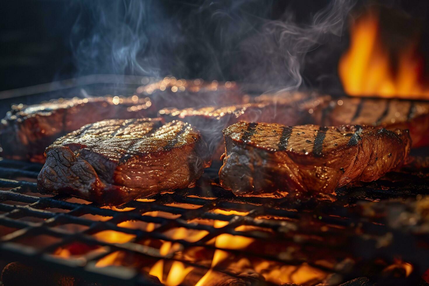 Meat grilling on a charcoal grill with smoke rising. AI Generated photo