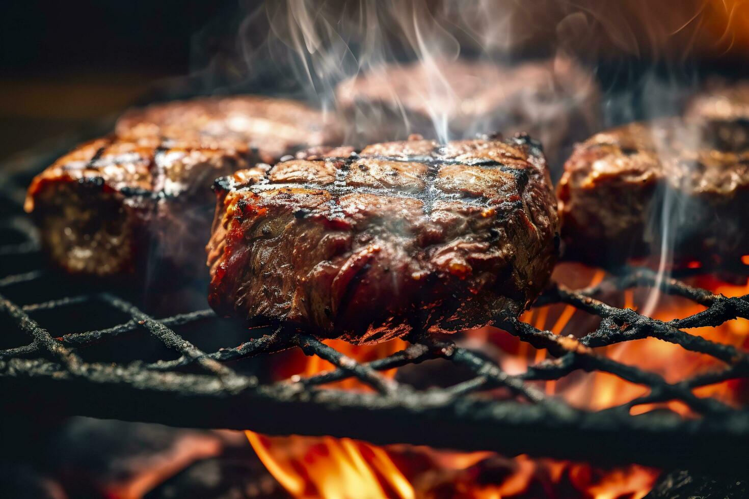 Meat grilling on a charcoal grill with smoke rising. AI Generated photo