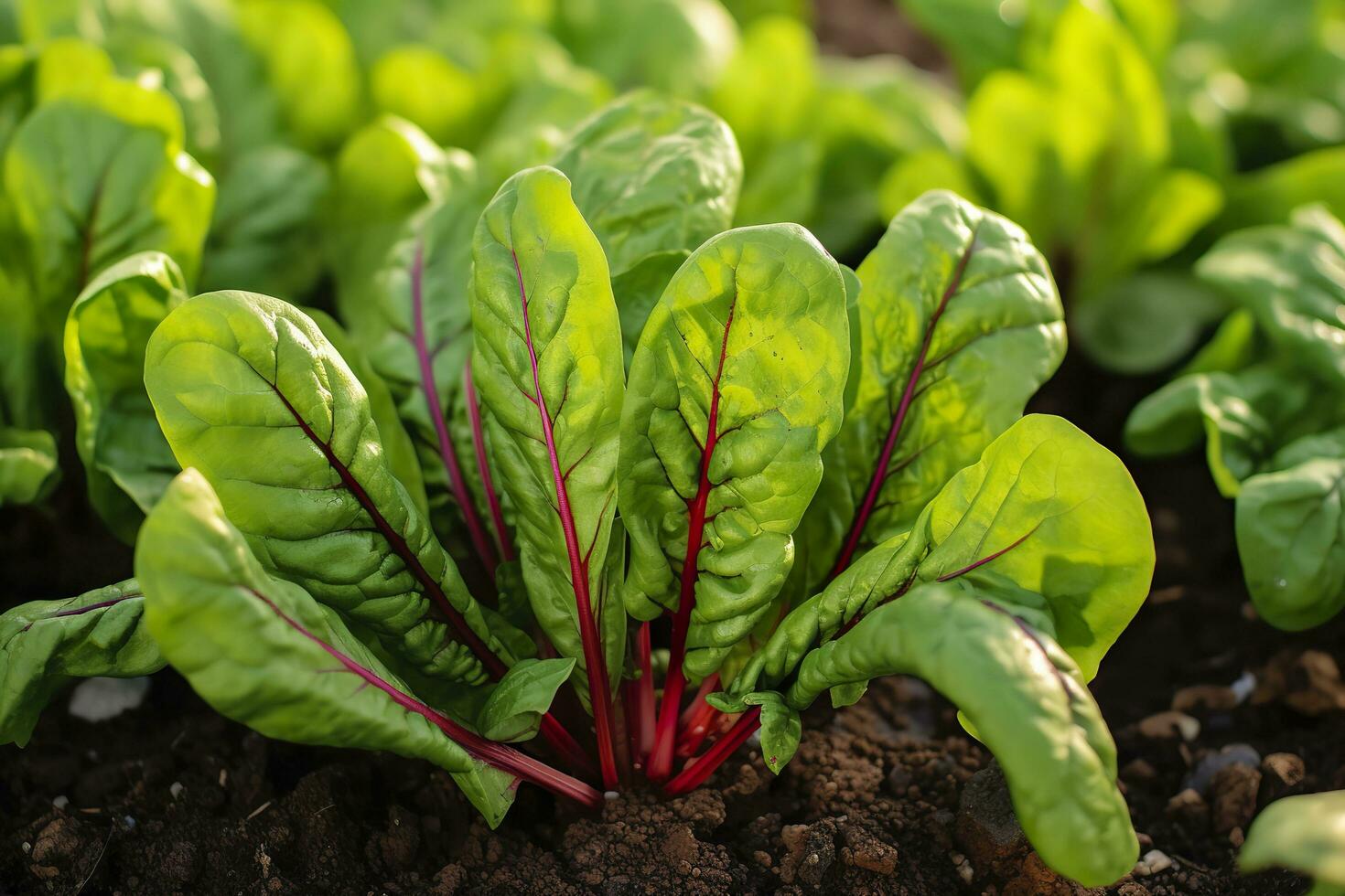 Chard growing in an urban garden. Garden beet and salad leaves close up. Generative AI photo