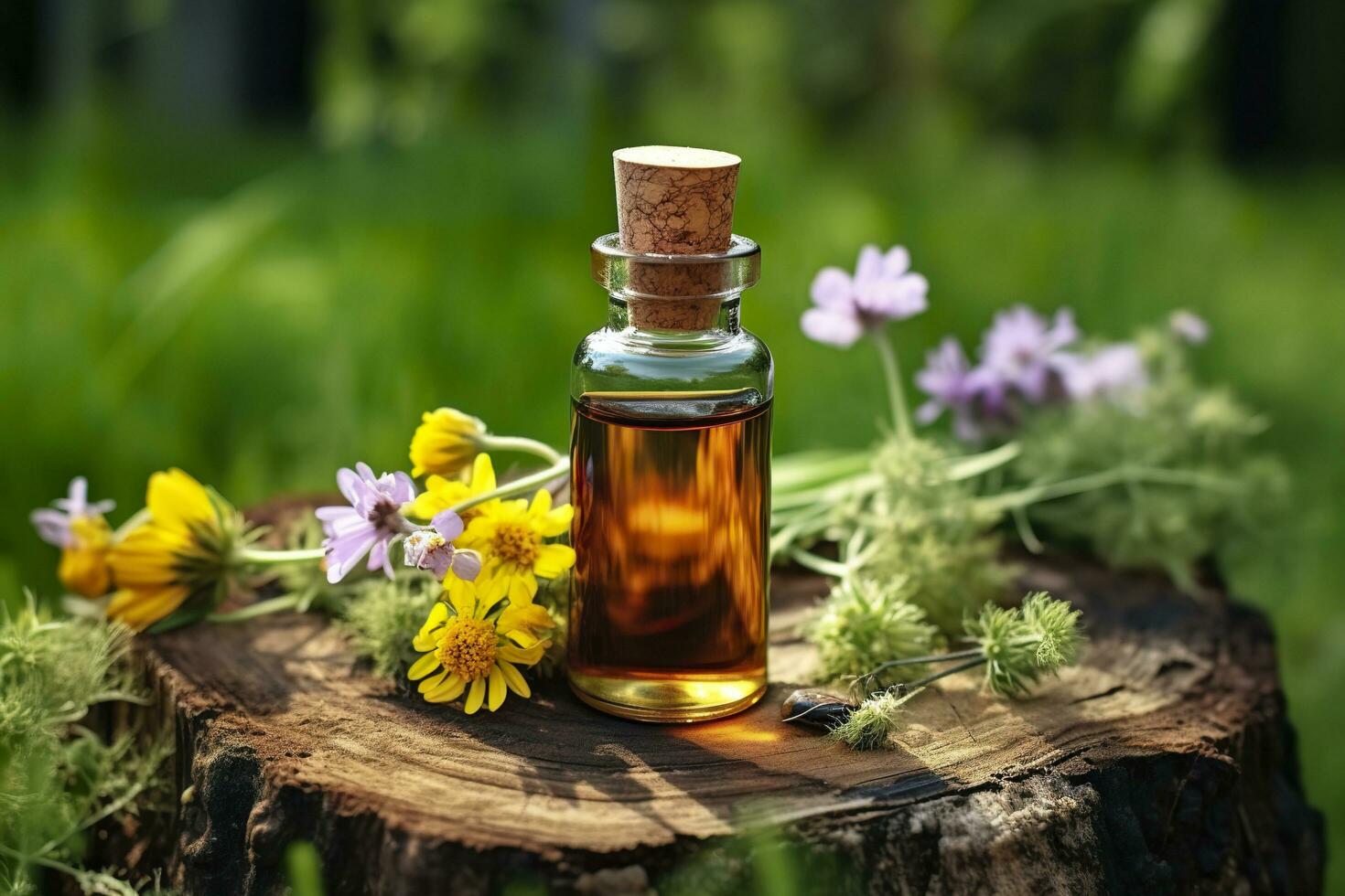 Glass Bottle of herbal essential extract, butterfly, and wildflowers on a tree stump. AI Generated photo