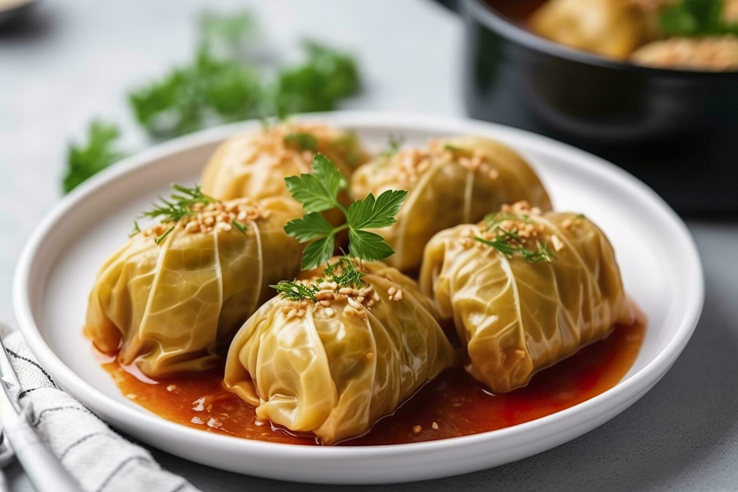 Stuffed cabbage with rice on a white table. Generative AI photo