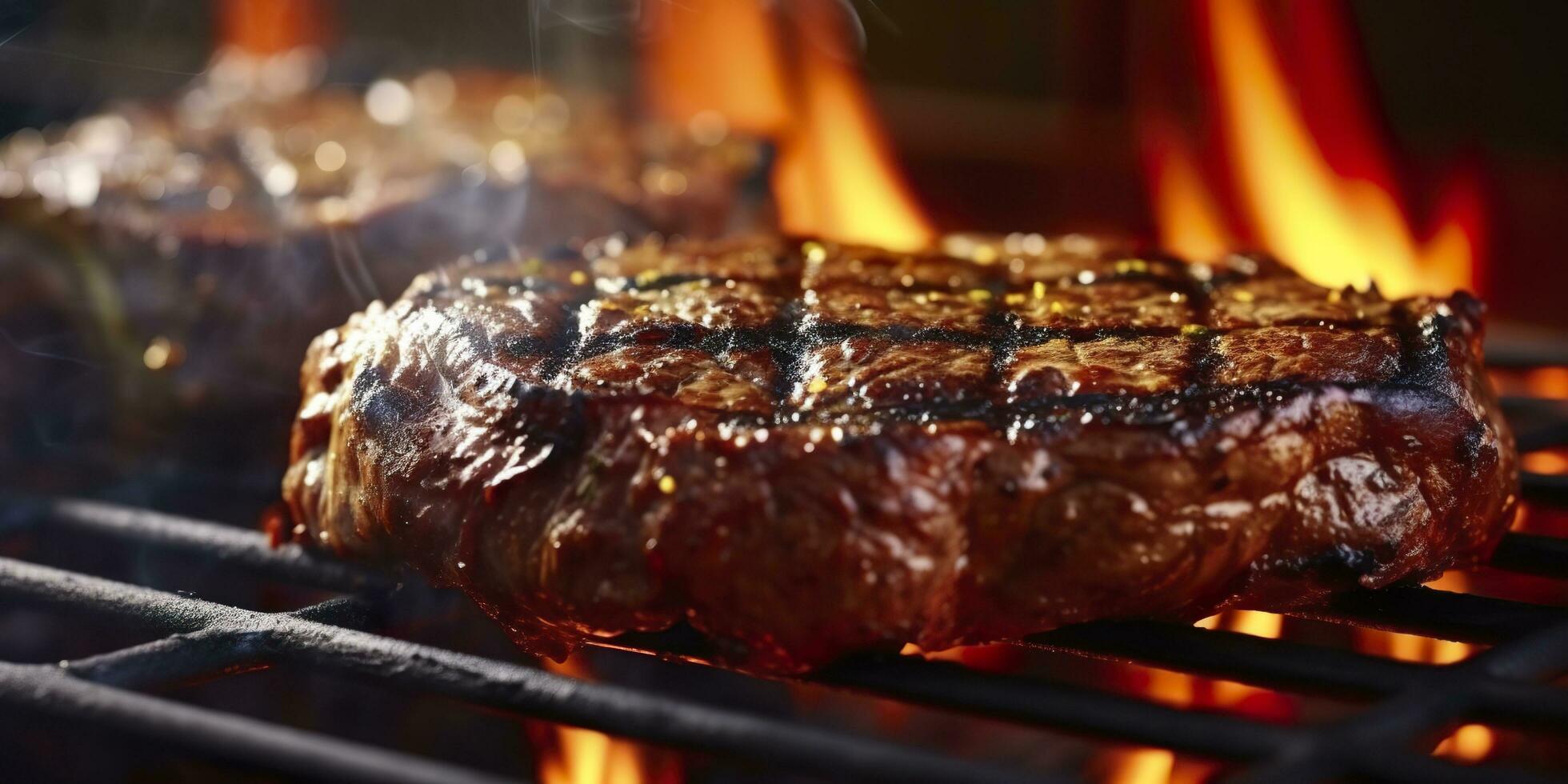 Beef ribeye steak grilling on a flaming grill. Generative AI photo