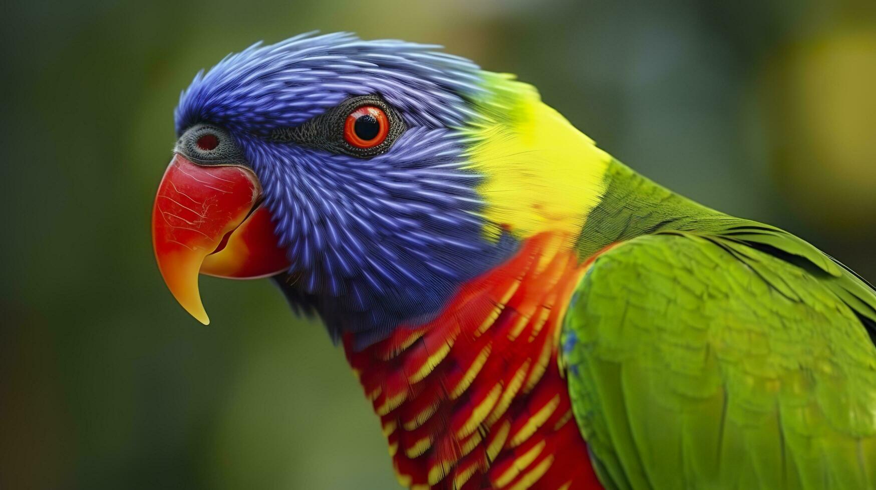 Side view Closeup of beautiful and colorful Lorikeet Green naped bird. Generative AI photo