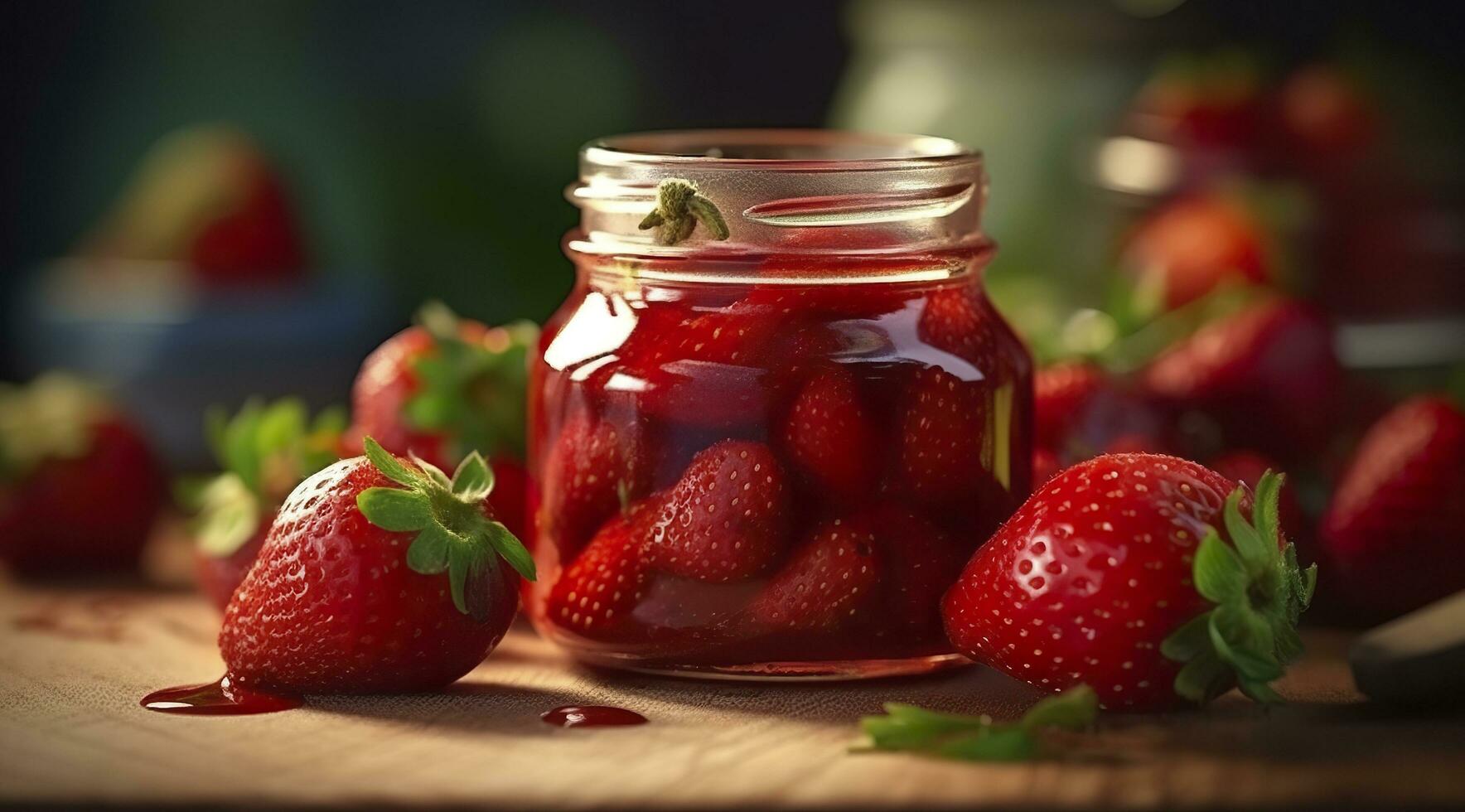 Strawberry jam and fresh berries. Generative AI photo