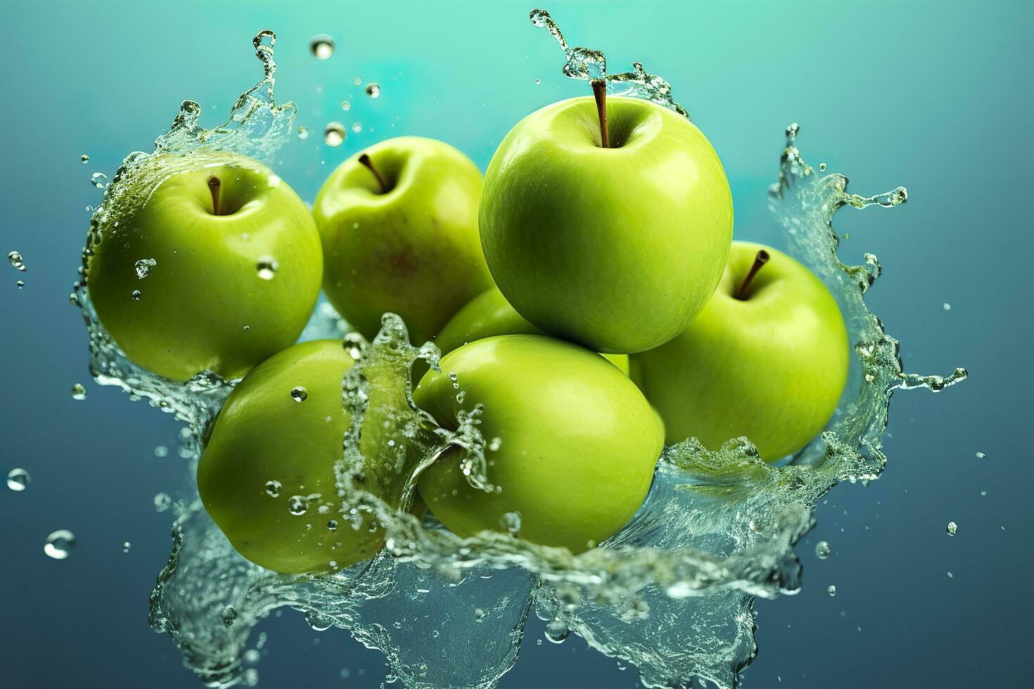Fresh green apples fall into the water with a splash on blue background. photo