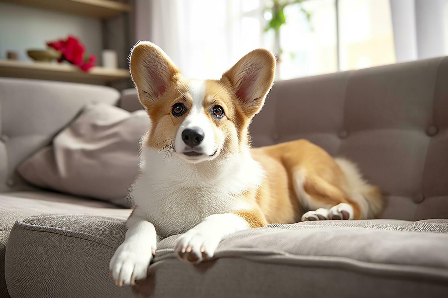Beautiful, smart, calm purebred corgi dog lying on on sofa in living room. Generative AI photo