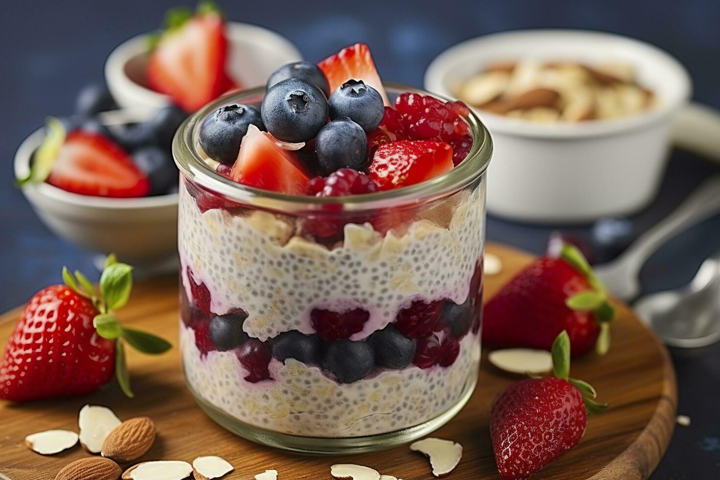 Mixed berries overnight oats with almond flakes in a glass jar, healthy breakfast.  AI Generated photo