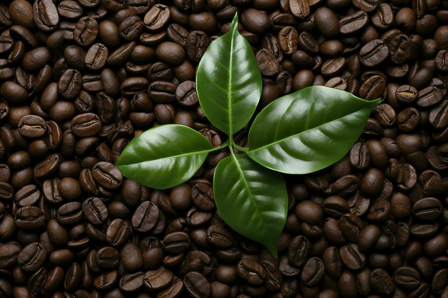Green leaves with coffee beans as background. AI Generated photo