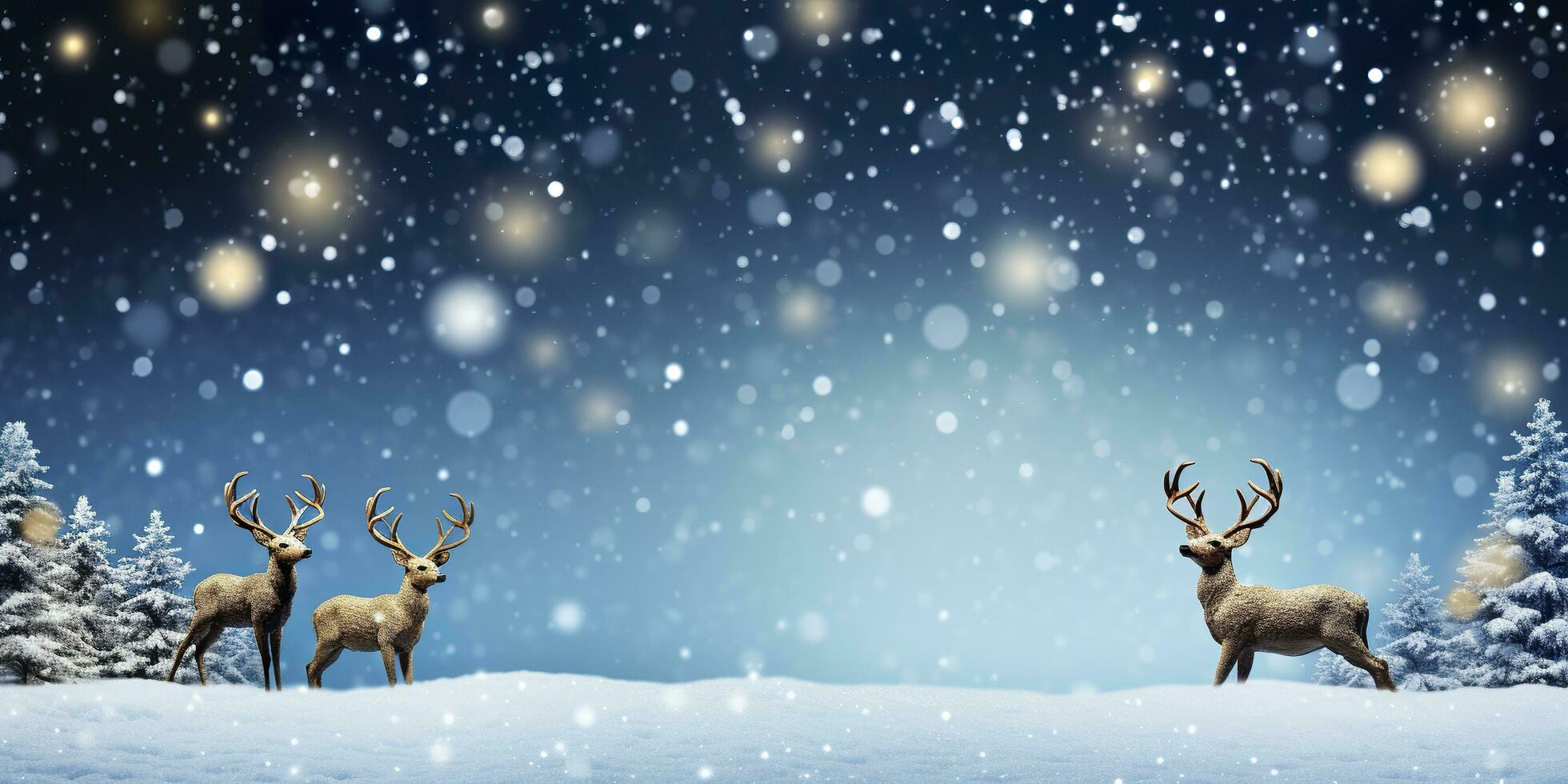 Deer standing in winter snow background with Christmas tree. Merry Christmas and Happy New Year. AI Generated photo