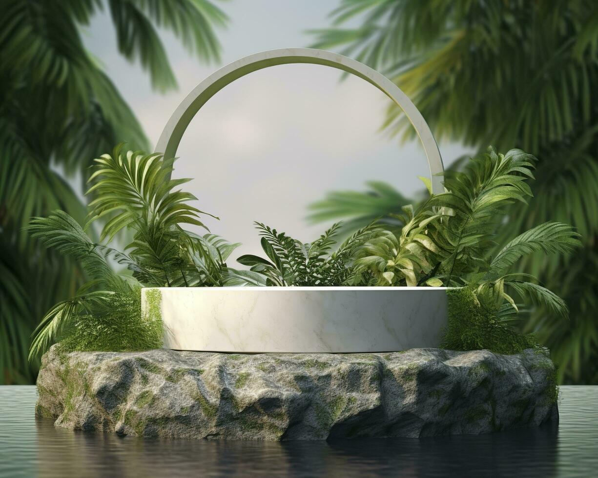 Stone product display podium for cosmetic product with green nature garden background. Generative AI photo