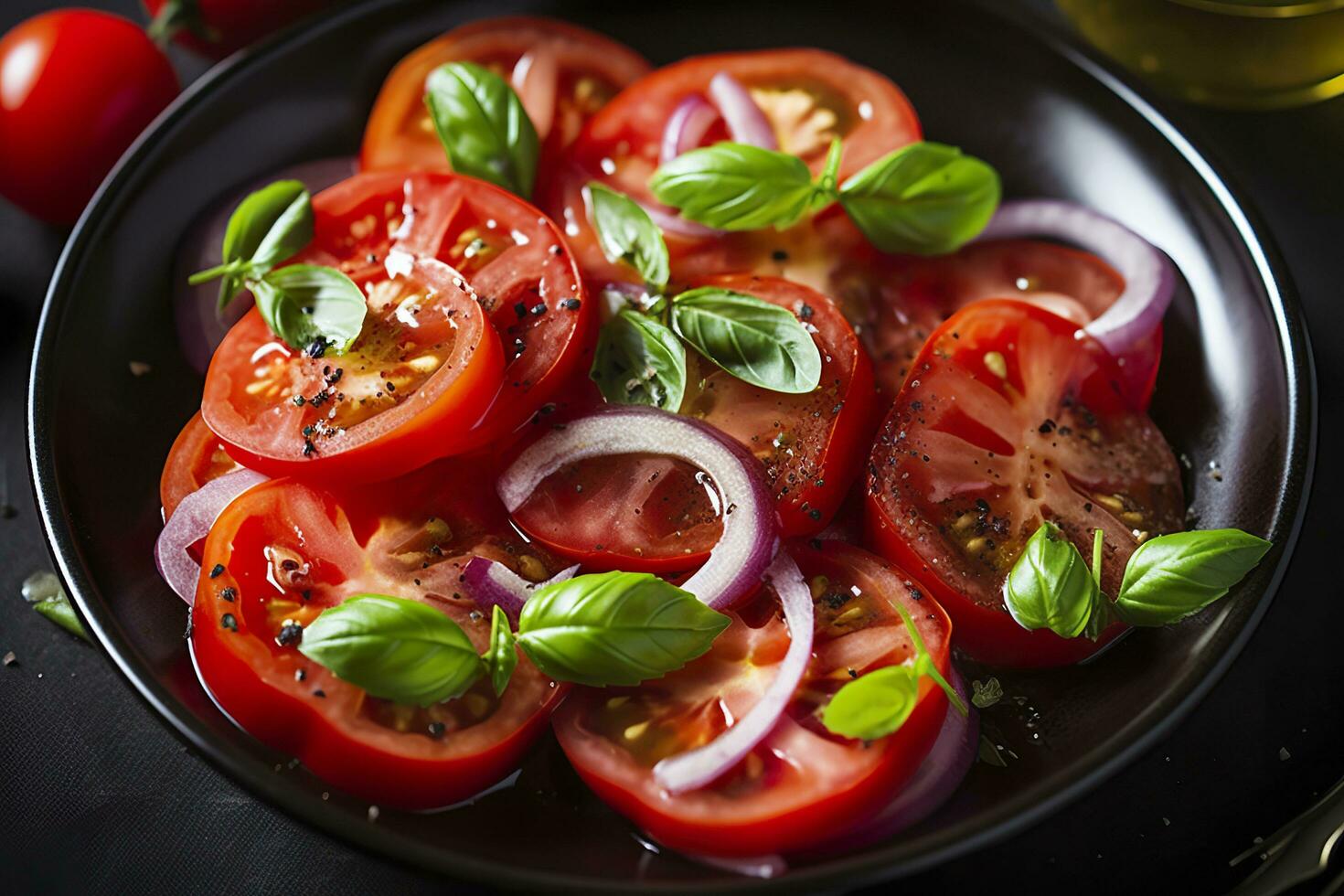 Healthy tomato salad with onion basil olive oil and balsamic vinegar. AI Generated photo