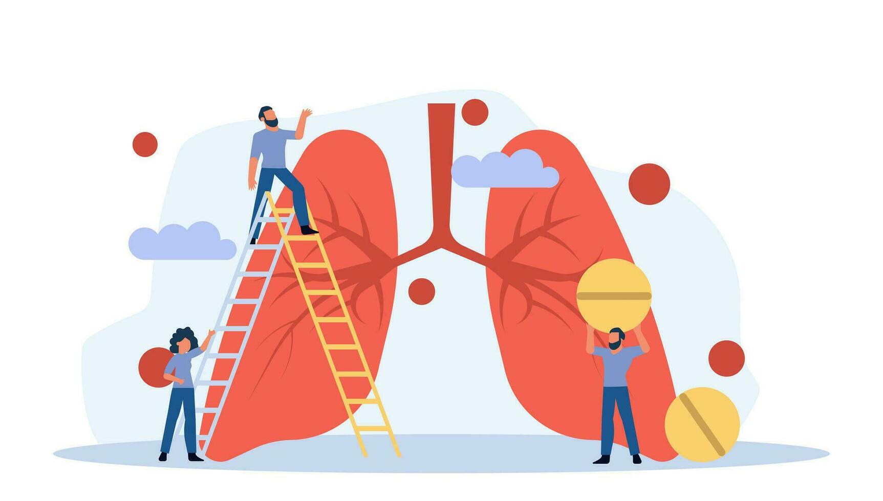 Group of people standing around a large red lung. Ladder attached to lung, and the people are all wearing blue shirts and jeans. People smiling and looking at the lung vector illustration