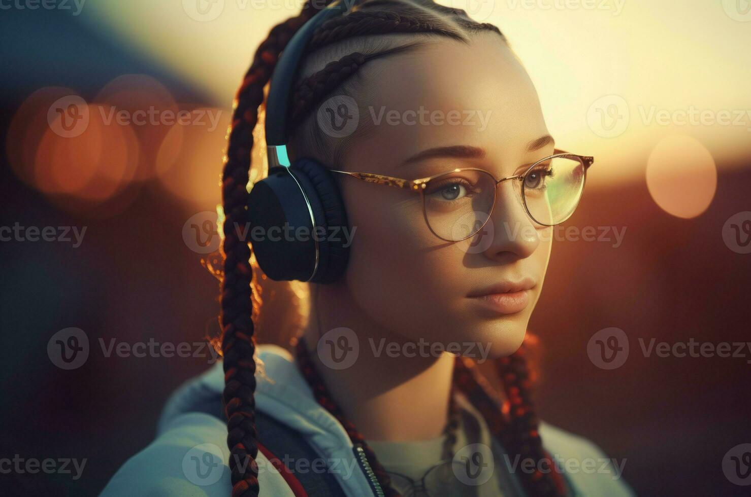 Woman braids glass with headphones outdoor walking. Generate Ai photo