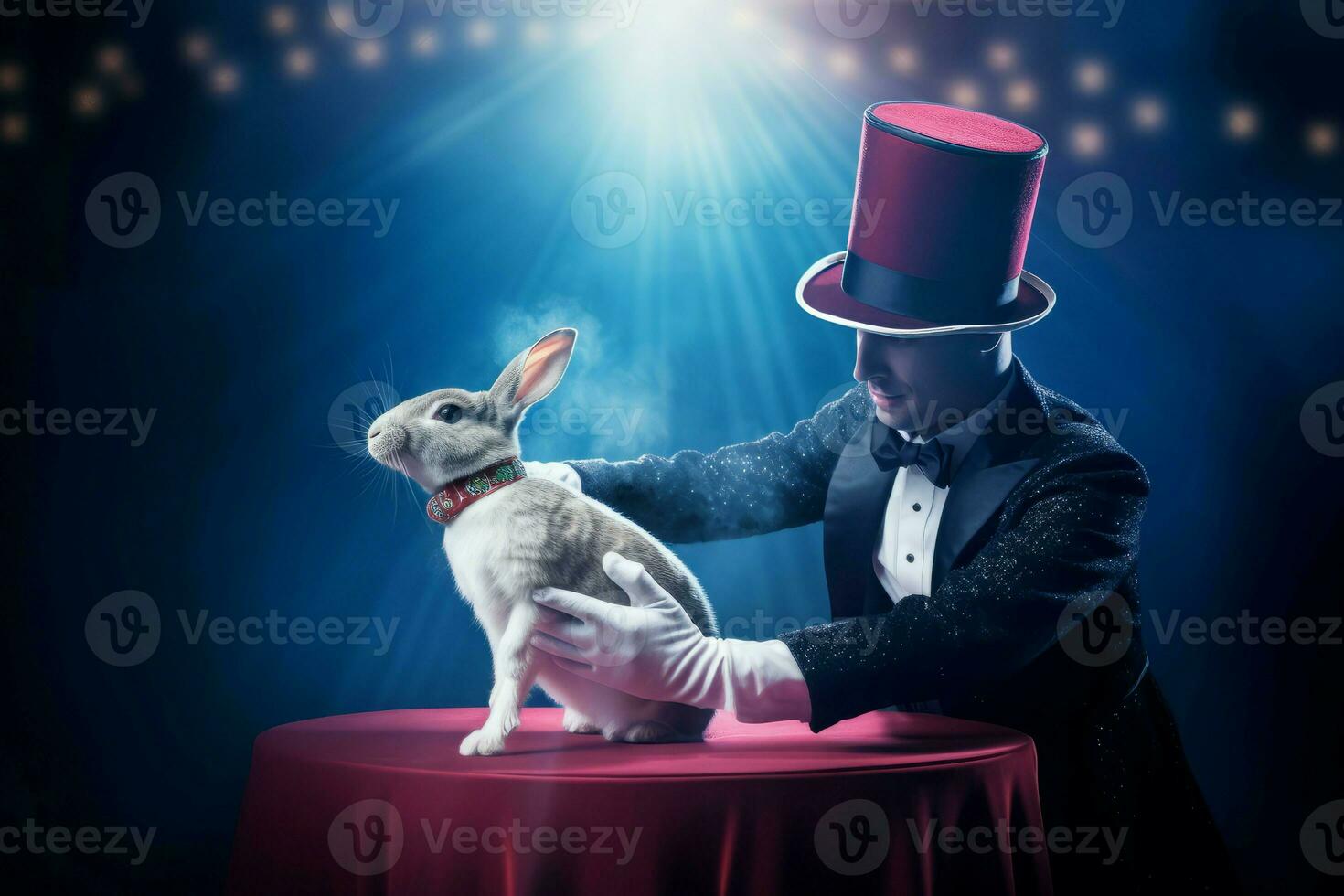 Magician lifting rabbit at show. Generate Ai photo