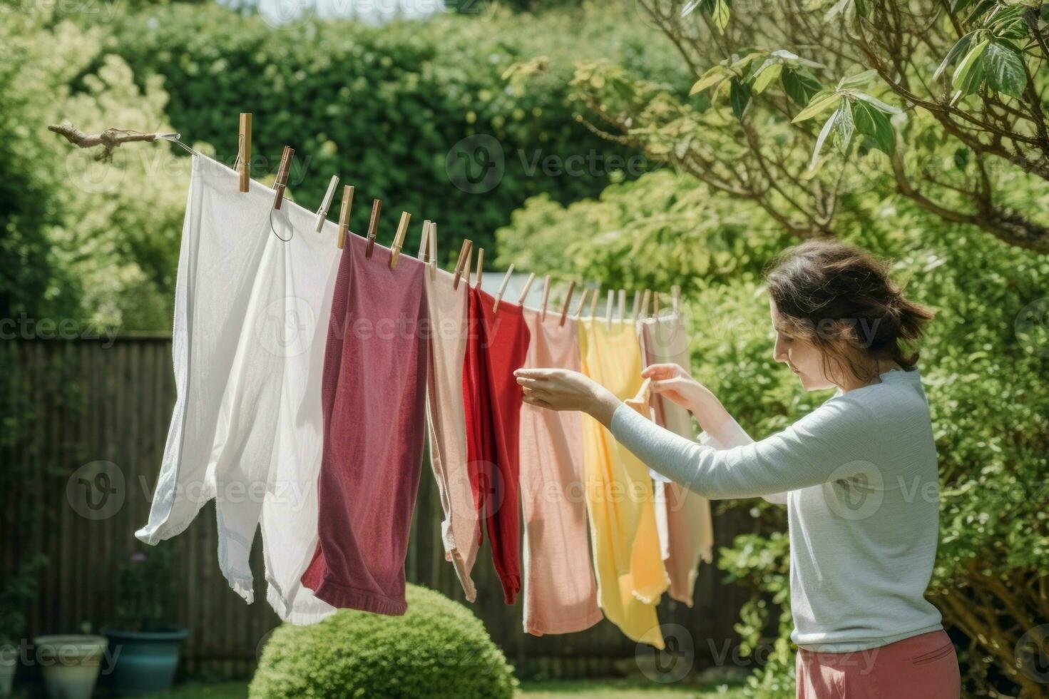 mujer colgando ropa con pinzas para la ropa al aire libre casa