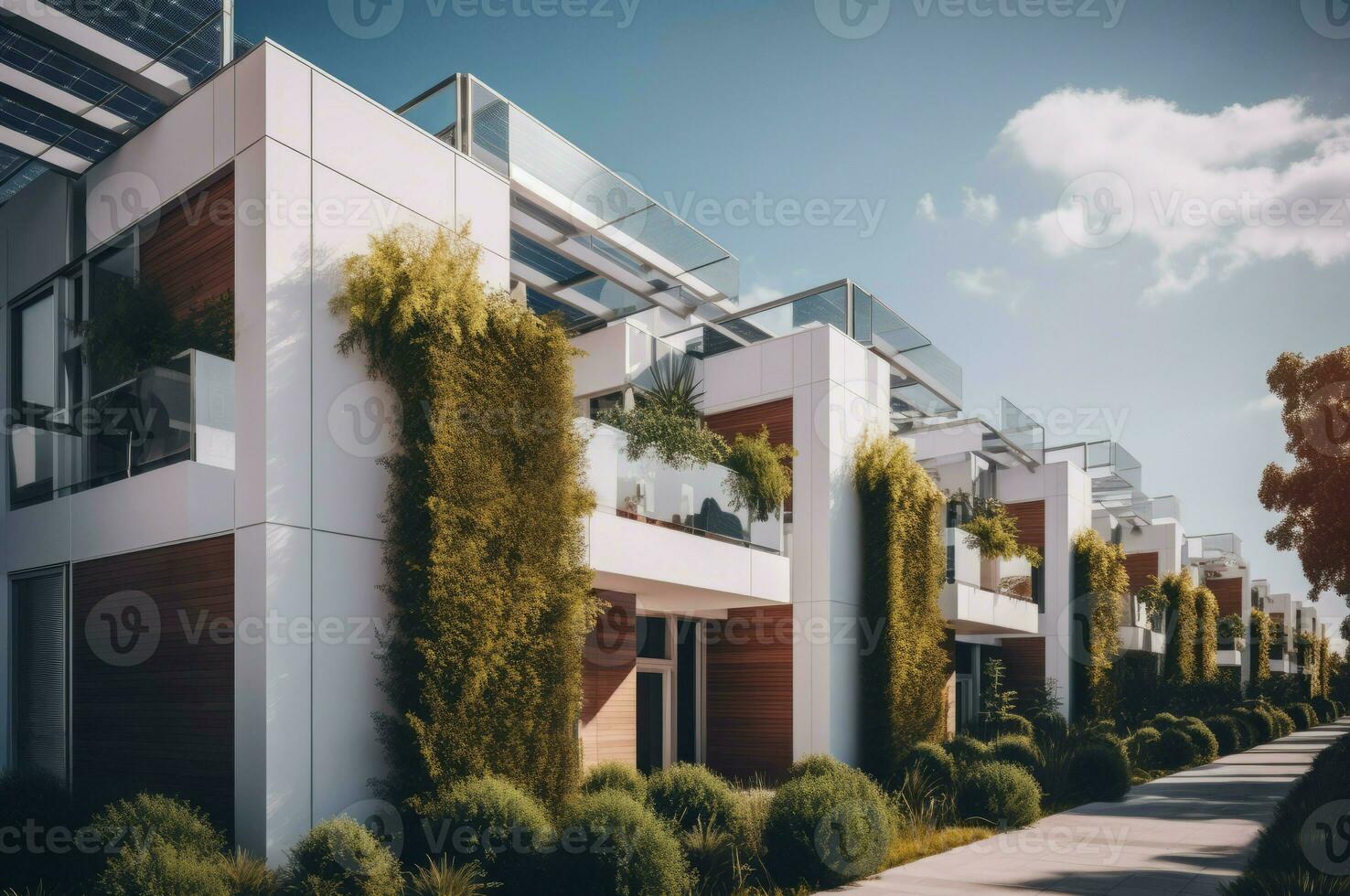 Modern eco friendly homes green area. Generate Ai photo