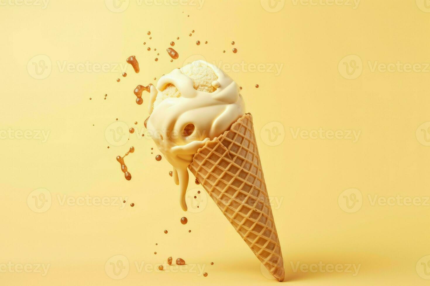 Melted ice cream and wafer cone with flavor snack. Generate Ai photo