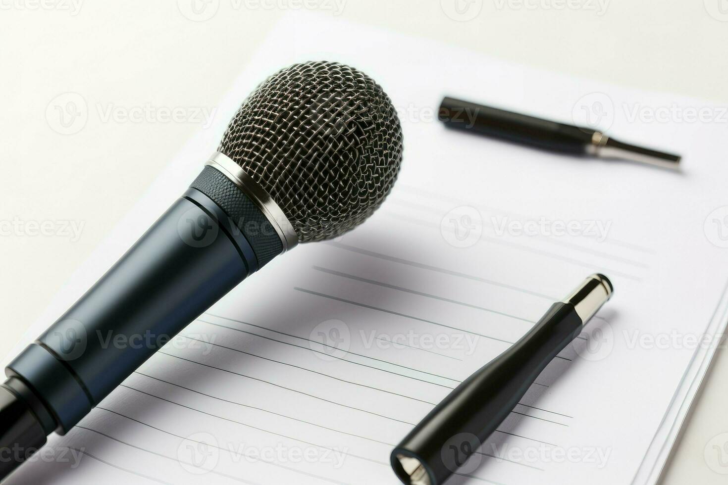 Microphone and clipboard on white background table. Generate Ai photo